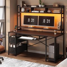 a computer desk with two clocks on it