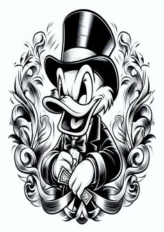 a cartoon character with a top hat and bow tie sitting in front of an ornate frame