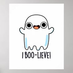 a white poster with a cartoon ghost saying i boo - live