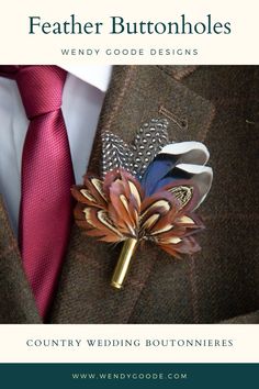 a boutonniere with feathers on it and the words, feather buttonholes