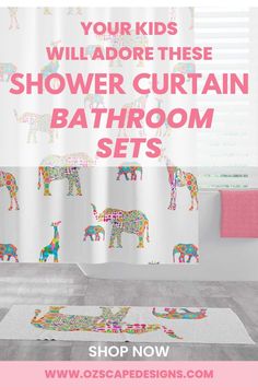 the shower curtain is decorated with colorful giraffes