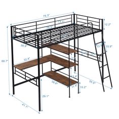 a metal loft bed with stairs and storage shelves for the bottom bunk, shown in measurements