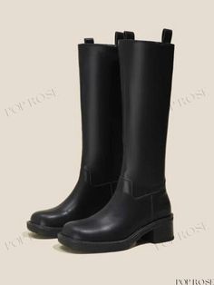 PopRose - Elegant Knee-High Riding Boots Winter Riding Knee-high Boots With Round Toe, Wide Calf Moto Boots With Round Toe For Spring, Casual Round Toe Moto Boots For Riding, Casual Moto Boots With Round Toe For Riding, Casual Moto Boots For Riding With Round Toe, Casual Knee-high Boots With Reinforced Heel And Round Toe, Medium Width Round Toe Moto Boots For Riding, Street Wear Style, Black Riding Boots