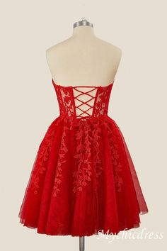 A-Line Red Homecoming Dresses Lace Appliques Short Dama Dress – MyChicDress Formal Lace A-line Mini Dress, A-line Homecoming Dress With Lace Bodice, Lace Dress With Lace-up Back, Lace Banquet Dress With Corset Back, Lace Dresses With Lace-up Back For Prom Season, Red Party Dress With Lace-up Back, Knee-length Lace Prom Dress, A-line Mini Dress With Lace Bodice, A-line Lace Dress With Lace Trim For Prom