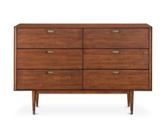 the chest of drawers is made from wood and has five drawers on each side with brass pulls