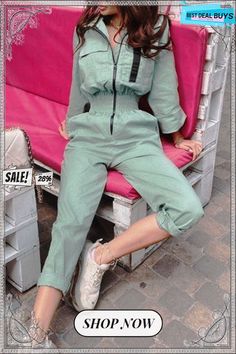 Lapel Zipper Elastic Waist Jumpsuit Overall Jumpsuit, Leather Shorts, Fashion Pattern, Catsuit, Two Pieces, Fashion Clothes, Sleeve Styles, Khaki Pants, Elastic Waist