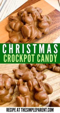 chocolate christmas crockpot candy on a cutting board with the title in green overlay