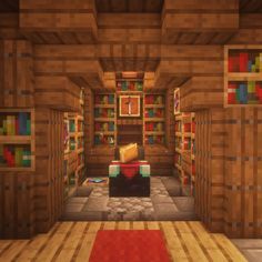 a room filled with lots of wooden shelves and bookshelves covered in colorful blocks