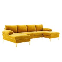 a yellow sectional sofa with ottoman and footstool in front of a white background