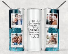 two cans with pictures on them and the words, our love for you will never care you will always be our missing price