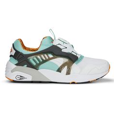 A 90s classic returns. The Puma Disc Blaze OG arrives with a summer-ready white/mint colorway, featuring a lycra and mesh upper with synthetic overlays. The CMEVA midsole provides extra comfort while the synthetic leather PUMA Formstrip on the lateral and medial sides add a retro aesthetic. $104.95 White Technical Sneakers For Streetwear, Technical White Sneakers For Streetwear, White Technical Sneakers With Cushioned Footbed, White Cushioned Sneakers, Technical Low-top Green Sneakers, Green Low-top Running Shoes With Vented Sides, White Technical Sneakers With Ventilation, White Puma Sneakers For Streetwear, Technical Green Sneakers For Sports