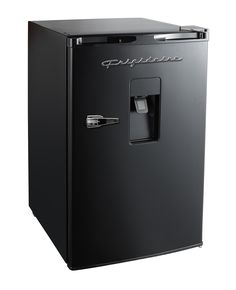 a black refrigerator freezer sitting on top of a white floor next to a wall