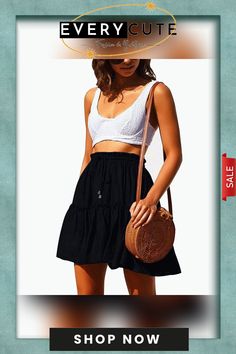 Arjungo Women's Ruffled Boho A Line Skater Mini Skirt Casual Non-stretch Tiered Mini Skirt, Casual Vacation Skirt, Casual Beach Skirt With Drawstring, Fitted Casual Mini Skirt For Beach Season, Casual Fitted Mini Skirt For Beach Season, Casual Flowy Skirt For Beach Season, Casual Mini Skirt For Beach Season, Casual Tiered Skirt For Beach Season, Summer Black Mini Skirt With Drawstring