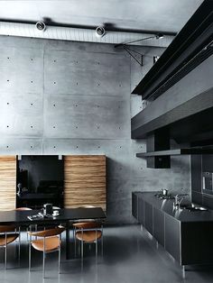 an industrial kitchen with stainless steel and wood accents