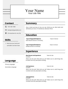 a simple resume template with no work experience on the front and back pages, but it is