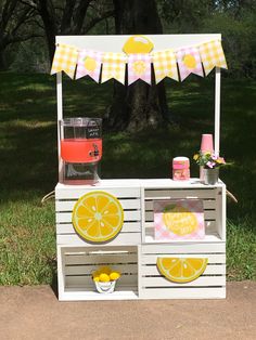 a lemonade stand is set up in the grass