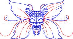 a drawing of a skull with wings on it's head and the eyes open