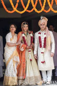 wedding, she wore an orange cream lengha and Kunal sported a classic cream sherwani Soha Ali Khan Wedding, Indian Groom Dress, Soha Ali Khan, Wedding Outfits For Groom, Groom Wedding Dress, Couple Wedding Dress