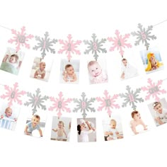 a snowflake photo banner with pink and gray photos