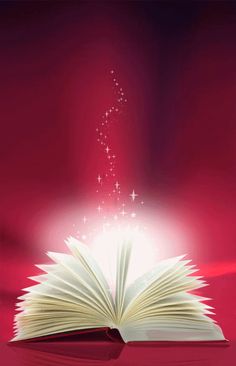 an open book on a red background with the light coming from it's end