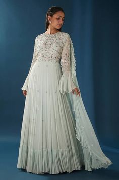 Blue floor length attached cancan anarkali with frilled hem and floral embroidered bodice using sequins, pearl, cutdana, elevated with ruffled drape detailing. - Aza Fashions Anarkali Patterns, Blue Floor, Embroidered Bodice, Embroidery Floral, Anarkali, Aza Fashion, Floral Embroidery, Floor Length, Bell Sleeves