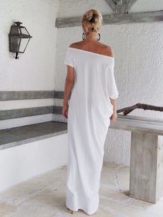 White Maxi Dress / White Kaftan / Asymmetric by SynthiaCouture Long Solid Color Dress For Vacation, Plain Maxi Dress For Beach, Plain Summer Beach Dresses, Solid Long Beach Dress, Plain Dresses For Summer Vacation, Plain Summer Dresses For Vacation, Plain Summer Vacation Dresses, Plain White Dresses For Daywear, Solid Color Tunic Dress For Daywear