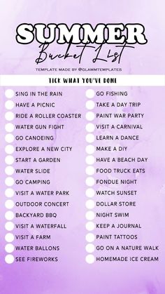 the summer bucket list is shown on a purple background