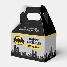 a black and white batman birthday box with the words happy birthday to you on it