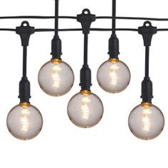 five light bulbs hanging from a black wire