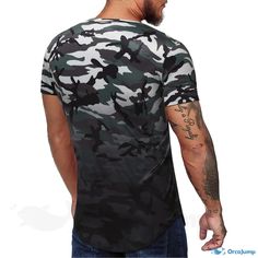 OrcaJump - Round Neck Short-Sleeve T-Shirt with Blue Camouflage Print Camouflage Short Sleeve T-shirt For Streetwear, Casual Camouflage Short Sleeve T-shirt, Camouflage Crew Neck T-shirt With Graphic Print, Green Military Crew Neck Top, Military Crew Neck T-shirt For Streetwear, Military Crew Neck T-shirt, Casual Camouflage T-shirt For Streetwear, Camouflage Military Short Sleeve T-shirt, Military Camouflage Short Sleeve T-shirt