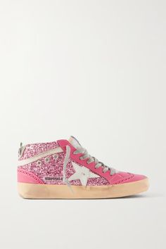 Pink Superstar glittered distressed leather sneakers | GOLDEN GOOSE | NET-A-PORTER Glitter Rosa, Golden Goose Superstar, Shoe Wishlist, Golden Goose Sneakers, Shoe Inspo, Golden Goose Shoes, Golden Goose Deluxe Brand