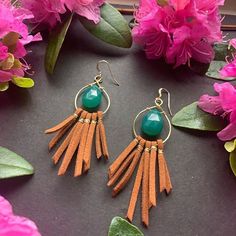 For the free boho spirit, these leather fringe earrings are a MUST.  Rust orange leather fringe with a gorgeous green onyx briolette that captures the light.  These will shine through any hair color. 14kt gold filled earring wires are hypoallergenic This listing is for one pair of gorgeous leather earrings. Made from 100% Suede Leather, these earrings can be customized to your liking. Gorgeous Leather, Denim Diy, Orange Leather, Gold Filled Earrings, Leather Fringe, Leather Tassel, Green Onyx, Fringe Earrings, Tassel Earrings