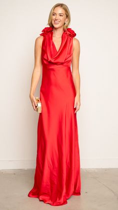 Product Details : Red Satin Fabric Cowl Neckline Flower details on shoulders Maxi Dress 83308 B2-3