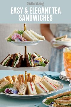 three tiered plates with sandwiches and drinks on them