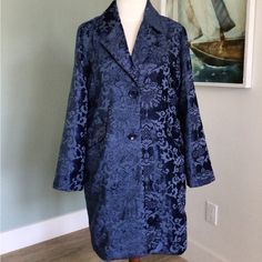 Women’s Chico’s Jacket / Topper / Coat, Size 12 / 2. New With Tags And Never Worn. Textured With Velvet, Color Is Navy Blue Tones. Retails For $169. Winter Workwear Jacquard Outerwear, Jacquard Outerwear For Winter Workwear, Winter Jacquard Outerwear For Work, Single-breasted Jacquard Outerwear With Long Sleeves, Fitted Jacquard Outerwear For Fall, Spring Formal Jacquard Outerwear, Formal Spring Jacquard Outerwear, Elegant Single Breasted Jacquard Outerwear, Formal Long Sleeve Jacquard Outerwear