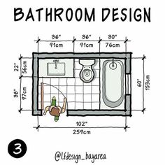 the bathroom design is shown with measurements for each area and how to use it in order to