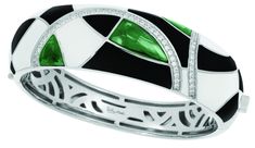 Interlacing lines of sparkling pave-set stones and sterling silver dance harmoniously in Tango, creating abstract shapes, colors, and patterns. Dynamic and rich inlaid stones glimmer passionately through the eyelets of hand-painted Italian enamel. Embrace the movement and romance of Tango. Emerald: Hand-painted black and white Italian enamel with white pave-set stones set into rhodium-plated, nickel allergy-free, 925 sterling silver. Champagne: Hand-painted Italian enamel with white pave-set sto Luxury Enamel Inlaid Jewelry, Elegant Enamel Inlay Jewelry, Elegant Enamel Jewelry With Inlay, Elegant Black Multi-stone Jewelry, Elegant Green Jewelry With Inlay, Silver Enamel Jewelry For Evening, Elegant Bangle Bracelet With Inlay, Elegant Green Jewelry With Black Enamel, Contemporary Diamond Jewelry