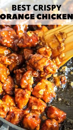 chicken is being cooked in a skillet with the words, how to make really crispy orange chicken