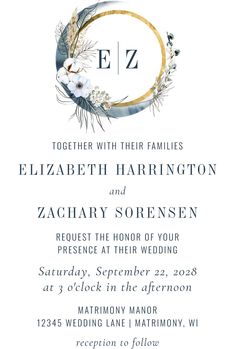 an elegant wedding card with the letter ez in gold, white and blue ink