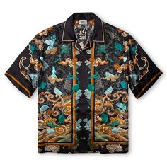 Short-Sleeved Traditional Silk Shirt In Black | Ning Dynasty | Wolf & Badger Silk Shirt Designs, Black Hawaiian Shirt, Hawaiian Shirt Women, Mens Hawaiian Shirts, Collar Designs, Summer Fabrics, Women Set, Silk Twill, Silk Shirt