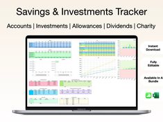 a laptop computer sitting on top of a desk with the words savings and investments tracker