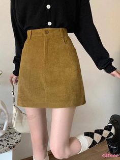 Qteee - Stylish Coffee-colored Corduroy High-waisted A-line Skirt with Hip-hugging Design Corduroy Midi Skirt, Midi Skirt Casual, Velvet Midi Skirt, Hugging Silhouette, Crop Top Dress, Stylish Women Fashion, Skirts Midi High Waisted, High Waisted Pencil Skirt, Coffee Color