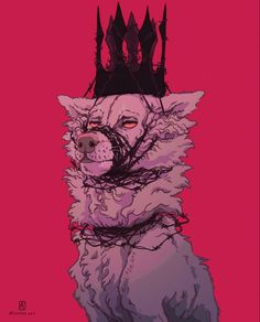 a drawing of a dog with a crown on top of it's head, sitting in front of a pink background