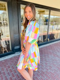 Get ready to turn heads in our Pastel Windowpane Puff Sleeve Dress! With its playful multi color and baby doll style, you'll be the center of attention at any event. The pastel windowpane adds a touch of whimsy to this must-have piece. Don't miss out on this unique dress! Key Features: Bright multi color Puff Sleeves Mini Length Sipper Lined in 90% polyester, 10% spandex Self: 100 Cotton Hand Wash Stylist Review: Model is 5'9" with a 34" bust and a 29" waist and usually wears a medium or large i Peach Love, Unique Dress, Puff Sleeve Dress, Puffed Sleeves Dress, Unique Dresses, Baby Doll, Puff Sleeves, Sleeve Dress, Puff Sleeve