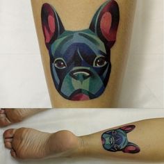 a dog is shown on the leg and it's head has been painted onto