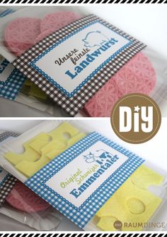 two pictures of different colored sponges in plastic bags with the words diy written on them