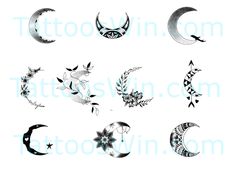 an assortment of tattoos with different designs on them, including the crescents and flowers