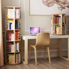 a room with a desk, chair and bookshelf