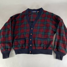 Vintage Pendleton Buffalo Plaid 100% Wool Sweater Cardigan Size Large. Good condition does run small and was recently dry cleaned. Vintage Cotton V-neck Outerwear, Vintage Fall Sweater With Pockets, Winter Plaid Cotton Cardigan, Vintage Sweater With Pockets For Fall, Vintage Sweater For Workwear, Vintage Long Sleeve Sweater For Work, Vintage Long Sleeve Cardigan For Work, Casual Plaid Cardigan For Work, Vintage Wool Cardigan With Pockets