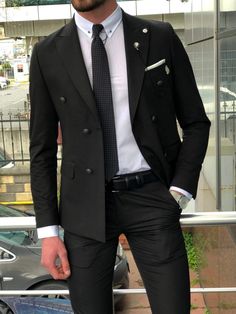 Bonis Slim-Fit Double Breasted Suit Black – BOJONI Black Suit Wedding, Bespoke Suit, Suit Black, Fashion Suits, Men’s Suits, Mens Fashion Suits, Tailored Suits, Formal Attire, Double Breasted Suit